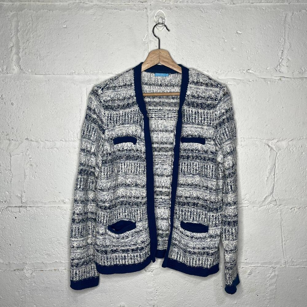 J. McLaughlin Women's White Blue Knitted Open Front Structed Cardigan Sz‎ Medium